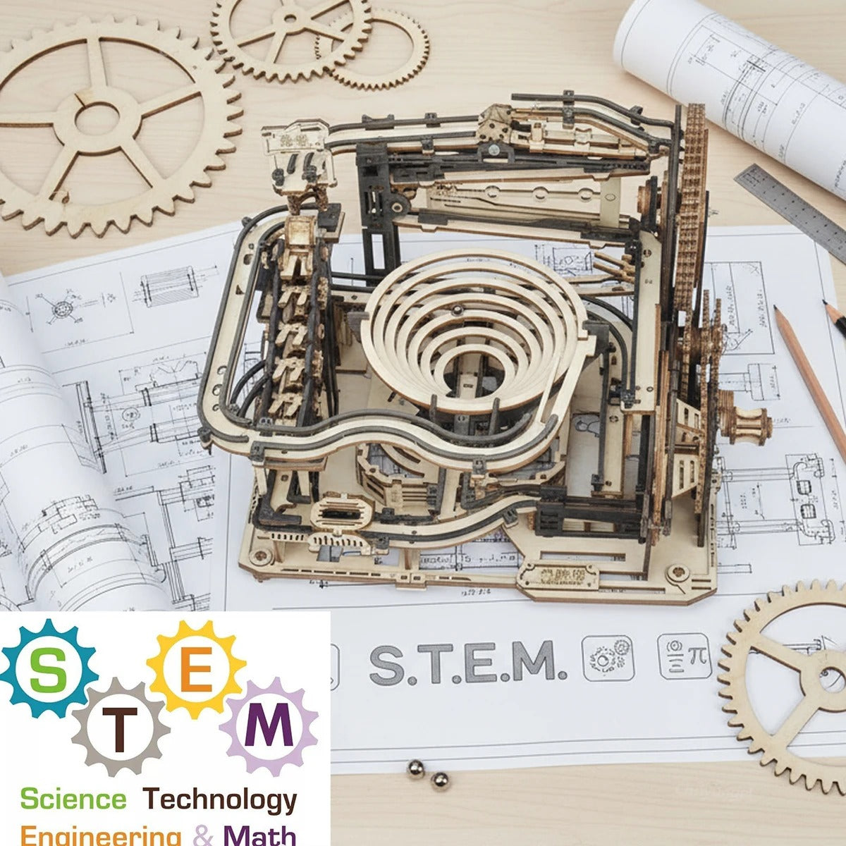 Premium 3D Wooden Marble Run - Spiral